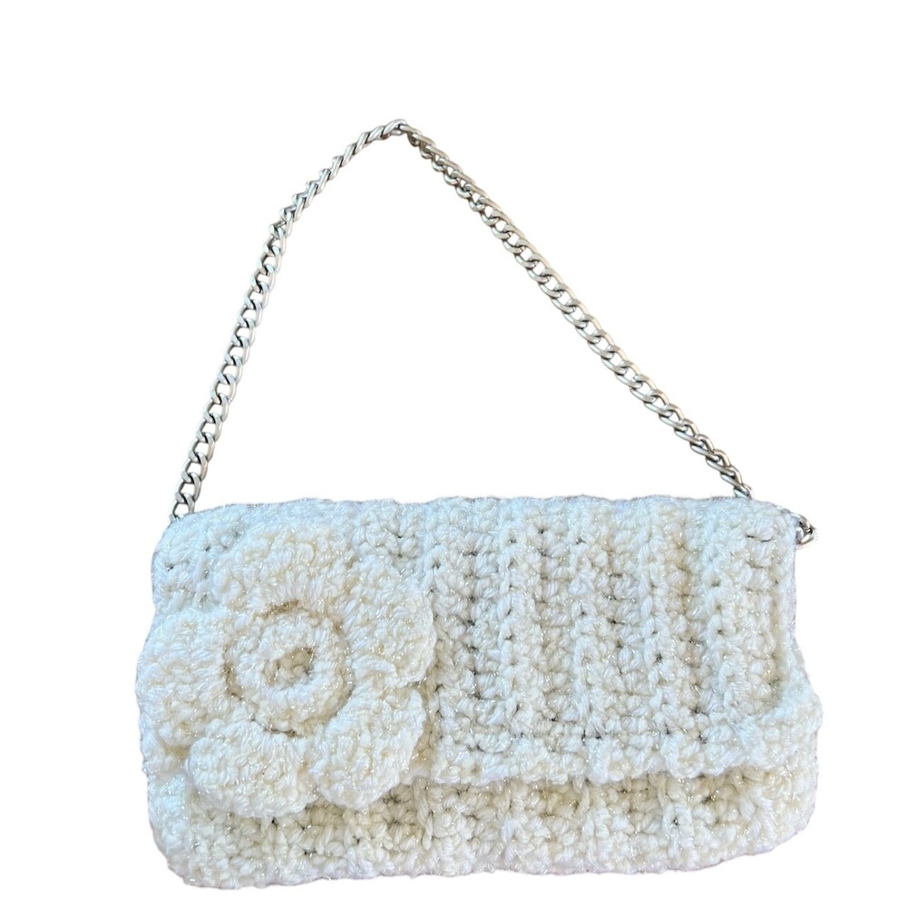 Lizette Handmade Crochet Shimmer Flower Shoulder Bag Cream White Small